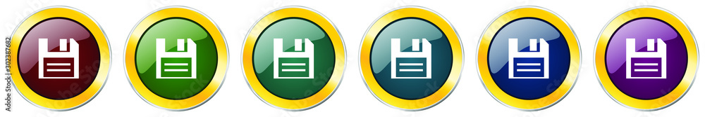 Aufkleber disk glossy icon set, silver metallic golden vector illustrations in 6 options for web design and mo