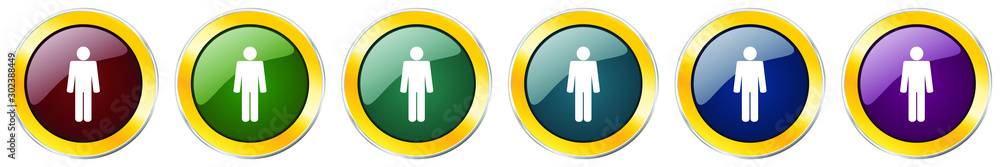 Poster male glossy icon set, silver metallic golden vector illustrations in 6 options for web design and mo