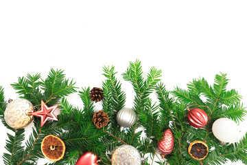 Christmas composition. Gifts, fir tree branches. Christmas, winter, new year concept. Flat lay, top view, copy space - Image