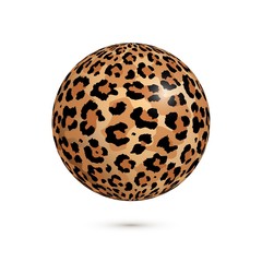 Vector 3d realistic sphere in leopard print skin colors isolated on white background with shadow. Wild cat fur ball for trendy design element, card, template, web, poster, decoration, holiday.