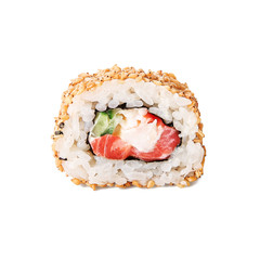 Tasty sushi roll on white background