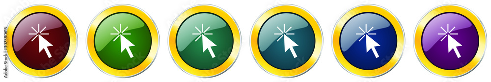 Aufkleber click here glossy icon set, silver metallic golden vector illustrations in 6 options for web design 