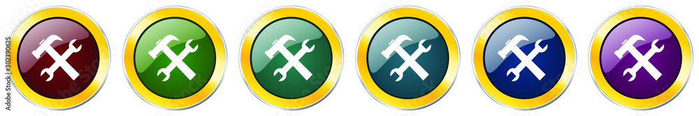 Aufkleber tool glossy icon set, silver metallic golden vector illustrations in 6 options for web design and mo