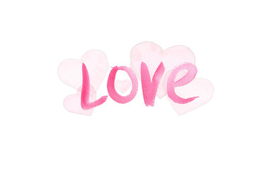 Love inscription on Valentine's day on white background. Watercolor letters hearts