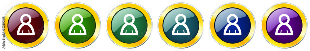 Aufkleber person glossy icon set, silver metallic golden vector illustrations in 6 options for web design and 