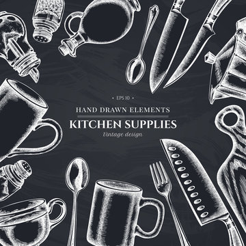 Design with chalk Chef's knifes, teaspoon, spoon, fork, knife, cutting board, bottle of oil, teapots, coffee pot, cups, sugar bowl, pepper shaker, salt shaker