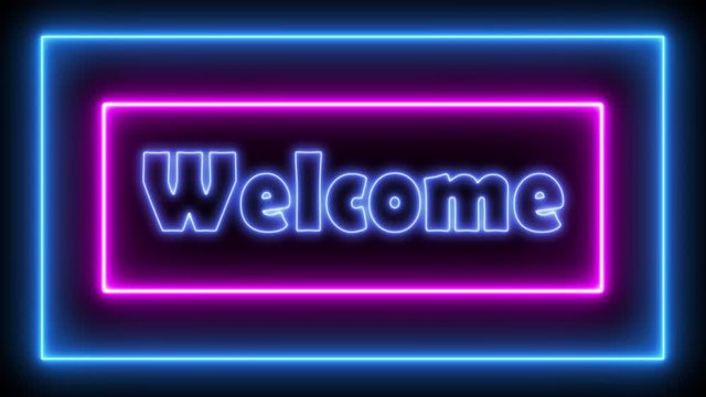 Welcome sign. Sign in neon style. Popular abstract rectangle with neon blue purple spectrum lines. Animation fluorescent ultraviolet light glowing neon lines. Seamless loop. 4K