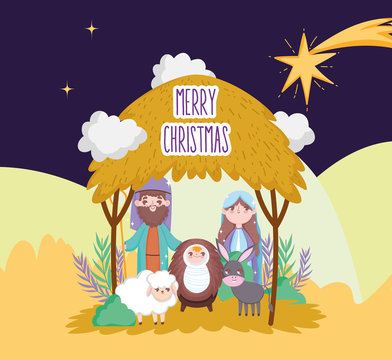 sacred family sheep and donkey manger nativity, merry christmas