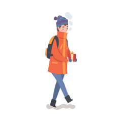 Teenage Boy with Backpack in Winter Clothing Walking with Gift Box, Boy Preparing for Christmas and Giving Present Vector Illustration