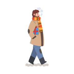 Man in Winter Clothing Walking with Gift Box, Young Man Preparing for Christmas and Giving Present Vector Illustration