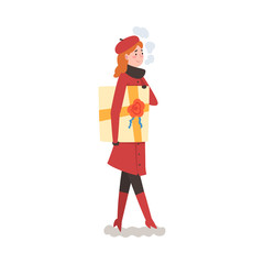 Girl in Winter Clothing Holding Gift Box, Young Woman Preparing for Christmas and Giving Present Vector Illustration