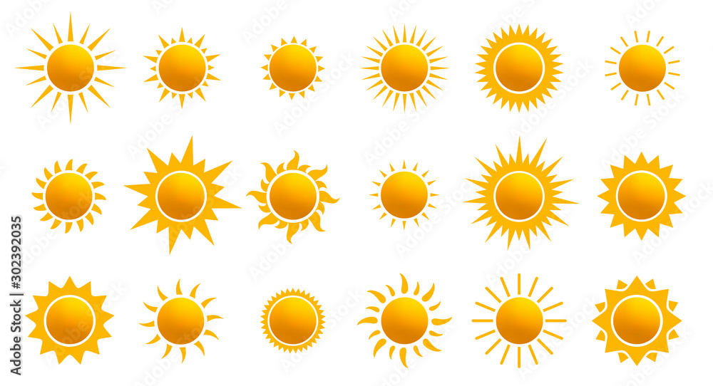 Fototapete big set of realistic sun icon for weather design. sun pictogram, flat icon. trendy summer symbol for