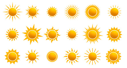 Fototapeta Big set of realistic sun icon for weather design. Sun pictogram, flat icon. Trendy summer symbol for website design, web button, mobile app. Template vector illustration. Isolated on white background. obraz