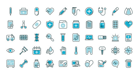 healthcare equipment medical icons set line fill