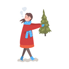 Happy Girl in Winter Clothing Carrying Christmas Fir Tree, Teenage Girl Preparing for New Year Holiday Vector Illustration
