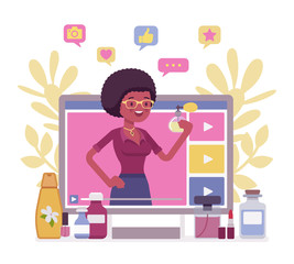 Beauty video blogger. Beautiful black woman creating, posting videos about style, cosmetics, hair-styling, nail art, influencer starting makeup tips blog, successful fashion guru. Vector illustration