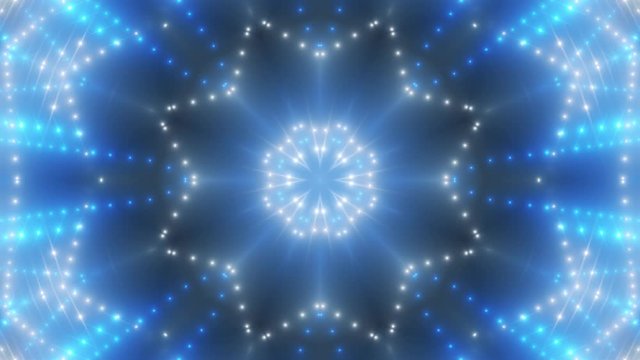 Beautiful Abstract Kaleidoscope Shape with Light Lines Moving Fast. Colors Blue Silver. Background Futuristic Tunnel with Led Screen Lights. Animation Disco Lights. Light Tunnel. Seamless loop. 4K