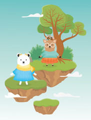 Naklejka premium cute female bear and deer with clothes fantasy fairy tale