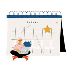 Young Woman Sitting Near Big Calendar Using Laptop Computer, Time Management and Business Planning Vector Illustration