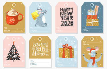 Set of Christmas and New Year gift tags. Rat, lettering, gift, spruce, cacao drink and doodle elements. Vector illustration for season greeting cards for present boxes.