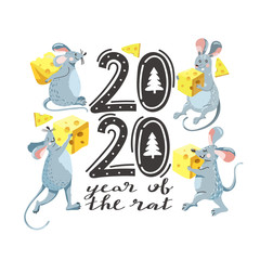 Greeting card for New Year with cute mouse,  lettering and cheese. Rat is Chinese symbol 2020 year. Merry Christmas card. Vector illustration.