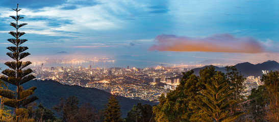 Beautiful view of George Town from Penang Hill. Panorama - obrazy, fototapety, plakaty