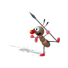a small cartoon brown ant armed with a spear swears and gestures. Isolated on a white background with a shadow.