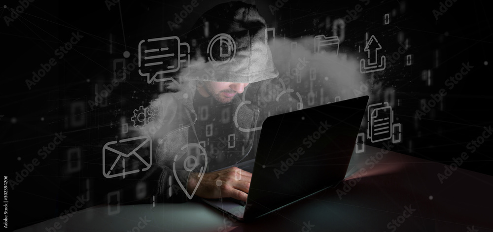 Poster man hacking a cloud of multimedia icon 3d rendering