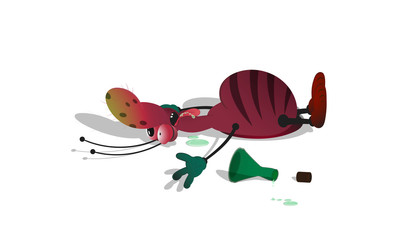 A cartoon striped cockroach was poisoned by an unknown liquid in a bottle and passed out. Isolated illustration on a white background with a shadow.