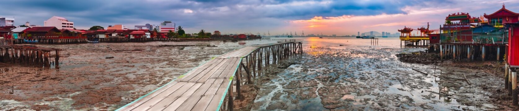 Sunrise at Penang. Yeoh jetty on the foreground , Malaysia. Panorama