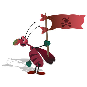 recommend clip art: A thin cartoon striped cockroach with bulging eyes holds a red developing flag in his hand. Isolated illustration on a white background with a shadow.