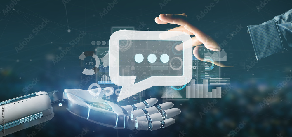 Poster view of a cyborg hand holding a message icon with data in background - 3d rendering