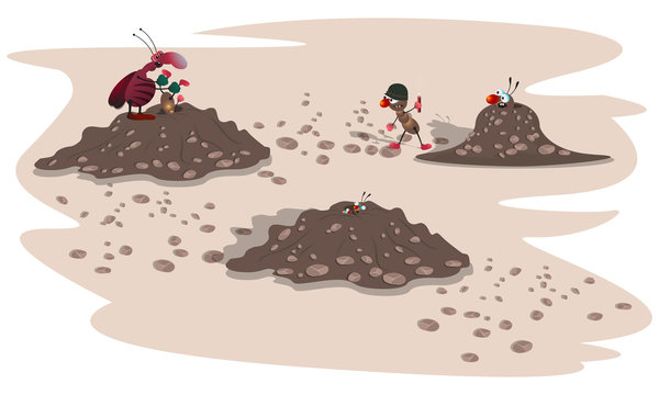 a striped angry cockroach attacks small ants in an anthill. Cartoon illustration.