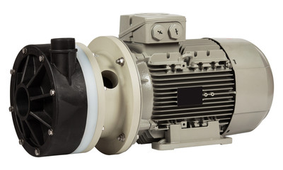 New industrial centrifugal pump with AC motor isolated on white background.