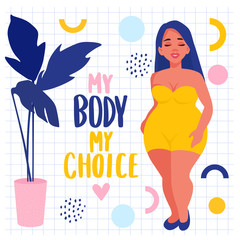 Body positive stickers. Plus size Woman dressed in swimsuits.
