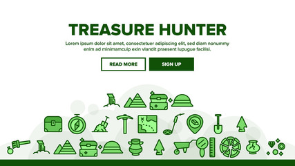 Fototapeta na wymiar Treasure Hunter Landing Web Page Header Banner Template Vector. Map With Direction To Treasure, Compass And Miner Work Equipment Illustration