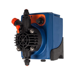 Small blue plastic diaphragm pump isolated on white background.