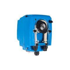 Small blue plastic AC powered peristaltic pump isolated on white background.