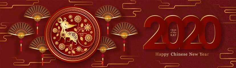 2020 Chinese New Year of the Rat. Red and gold festive background with rat, traditional fan, decorative flowers, hieroglyphic greeting. Banner design in paper art. Chinese translate: Happy New Year