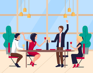 Man and woman colleagues celebrating success, corporate party in office. Worker saying toast, group of people drinking, company leadership vector