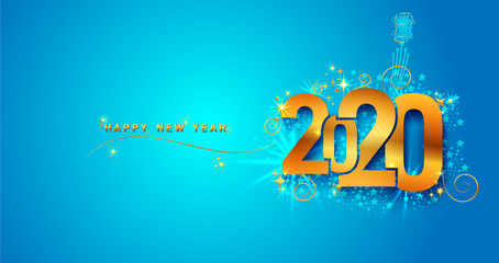 New Year 2020 line design firework champagne gold shining. Flyers, banner, greetings, invitations, christmas themed congratulations. Vector illustration. Isolated on blue background