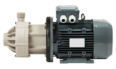 New industrial centrifugal pump with AC motor isolated on white background.