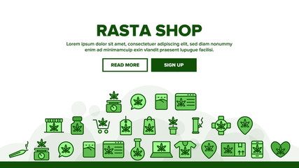 Rasta Shop Landing Web Page Header Banner Template Vector. Rasta Marijuana Cannabis Leaf Bottle Container And Mobile Screen, Bag And Shirt Illustration