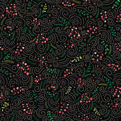 Colorful Folk Doodle Christmas Foliage, Red Holy Berries, Black Background Vector Seamless Pattern. Winter Holiday