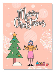 Merry christmas card vector, greeting with winter holidays. Woman holding garlands for decoration of pine tree and preparation for xmas. Celebration of seasonal events at home flat style spruce