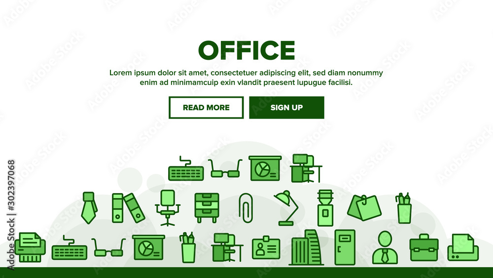 Poster office job landing web page header banner template vector. office chair and lamp, file folder and pa