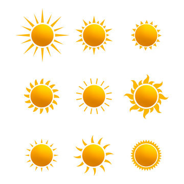 Set of realistic sun icon for weather design. Sun pictogram, flat icon. Trendy summer symbol for website design, web button, mobile app. Template vector illustration. Isolated on white background.