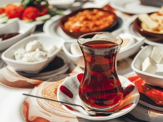 Traditional turkish breakfast in warm colours - obrazy, fototapety, plakaty