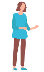 Sale old collection, woman character choosing clothes, shopping element. Female in casual clothes, lady standing, retail symbol, promotion vector