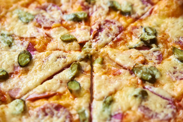 slices of fresh pizza with cheese. close-up